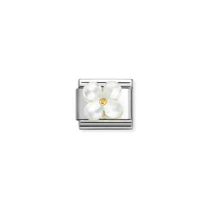 Nomination link with white mother of pearl flower and a yellow gold centre