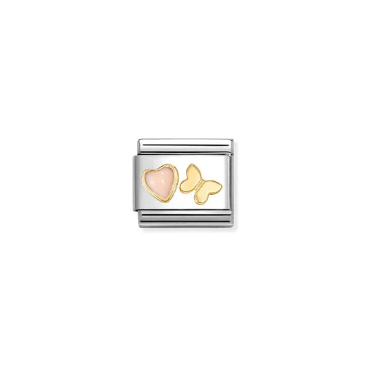 Pink Coral Heart & Butterfly Link | 18K Gold