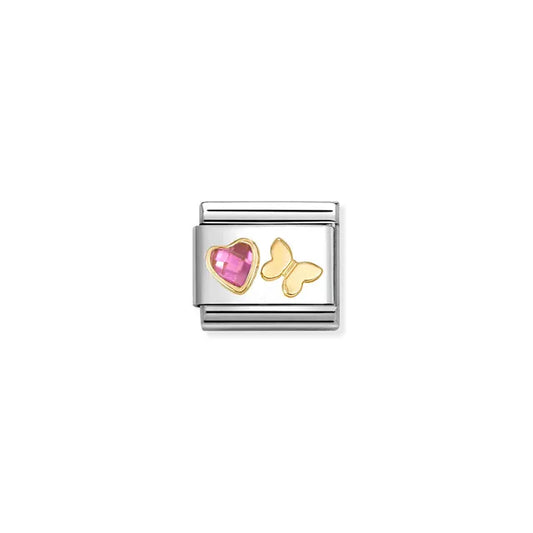 Dark Pink Heart & Butterfly CZ Link | 18K Gold