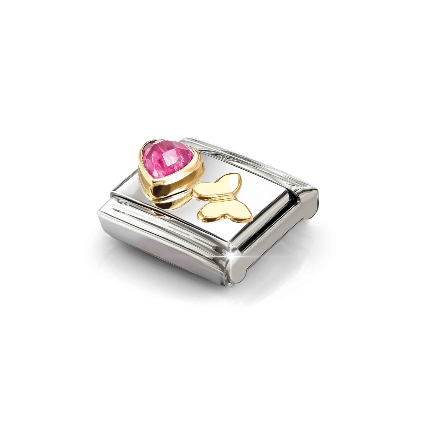 Dark Pink Heart & Butterfly CZ Link | 18K Gold