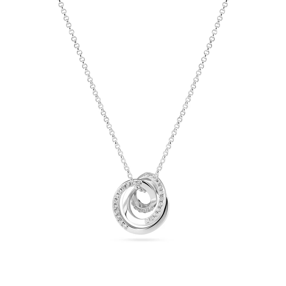 A small silver necklace with spiral shaped pendant set with CZ stones