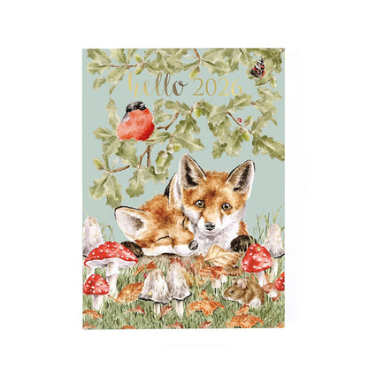 Illustrated 2026 desk diary with fox and mushroom design