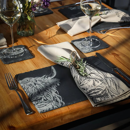 Set of 2 Slate Etched Place Mats | Highland Cow