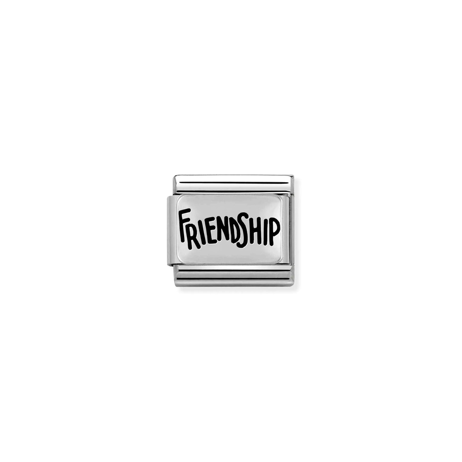 Nomination link charm with silver plaque engraved with black enamelled word FRIENDSHIP