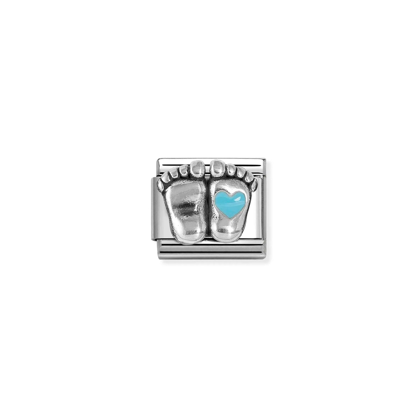 Nomination link with raised silver baby feet and blue enamel heart