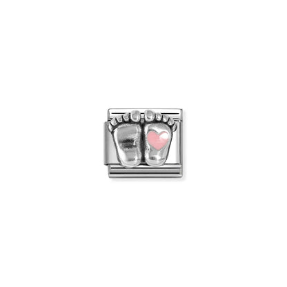 Nomination link with raised silver baby feet and pink enamel heart
