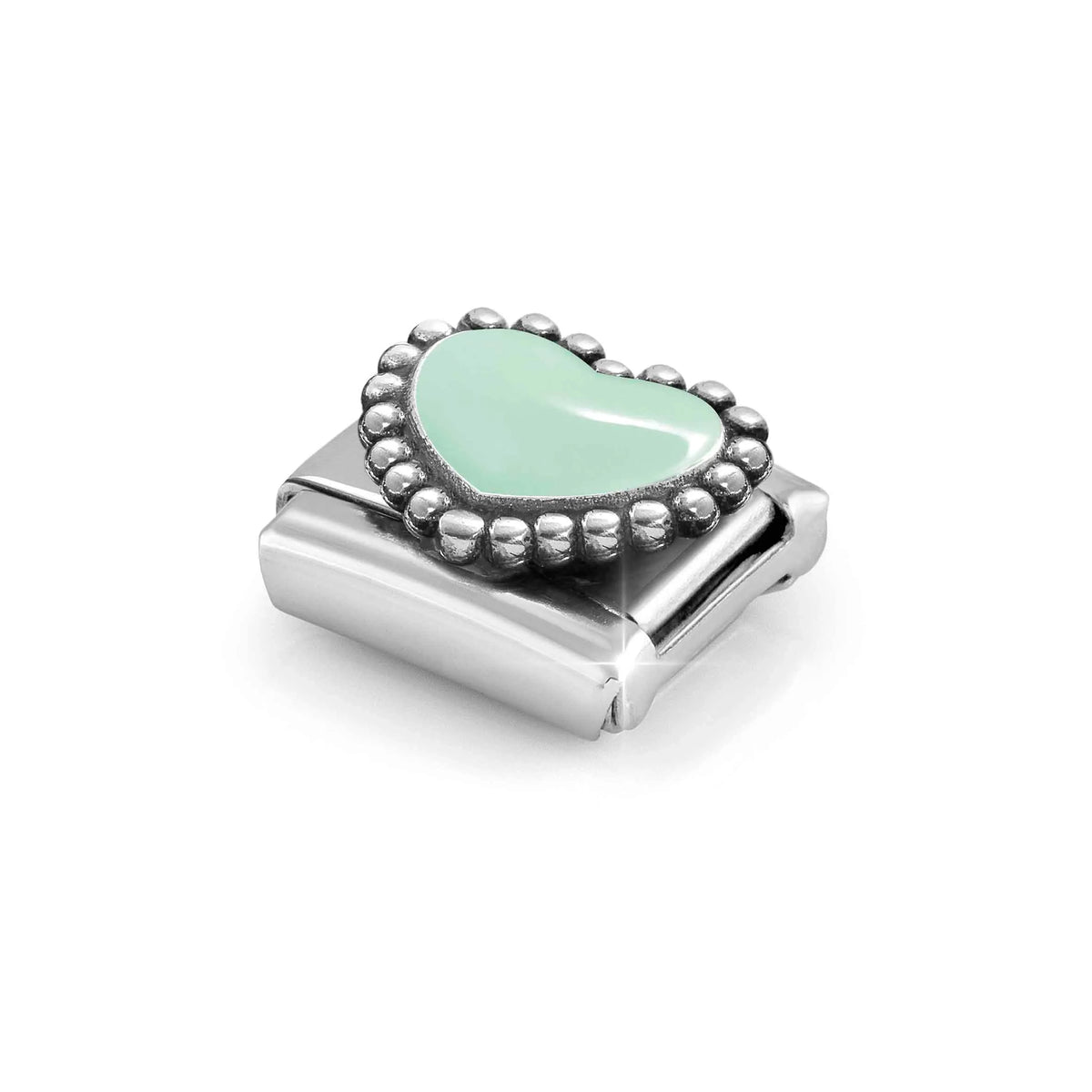 Popcorn Surround Pastel Green Heart Link | Silver & Enamel