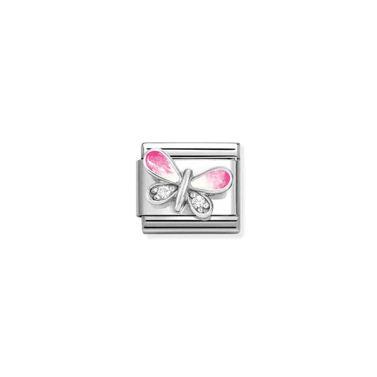 Butterfly Pink/ White - Silver CZ Enamel