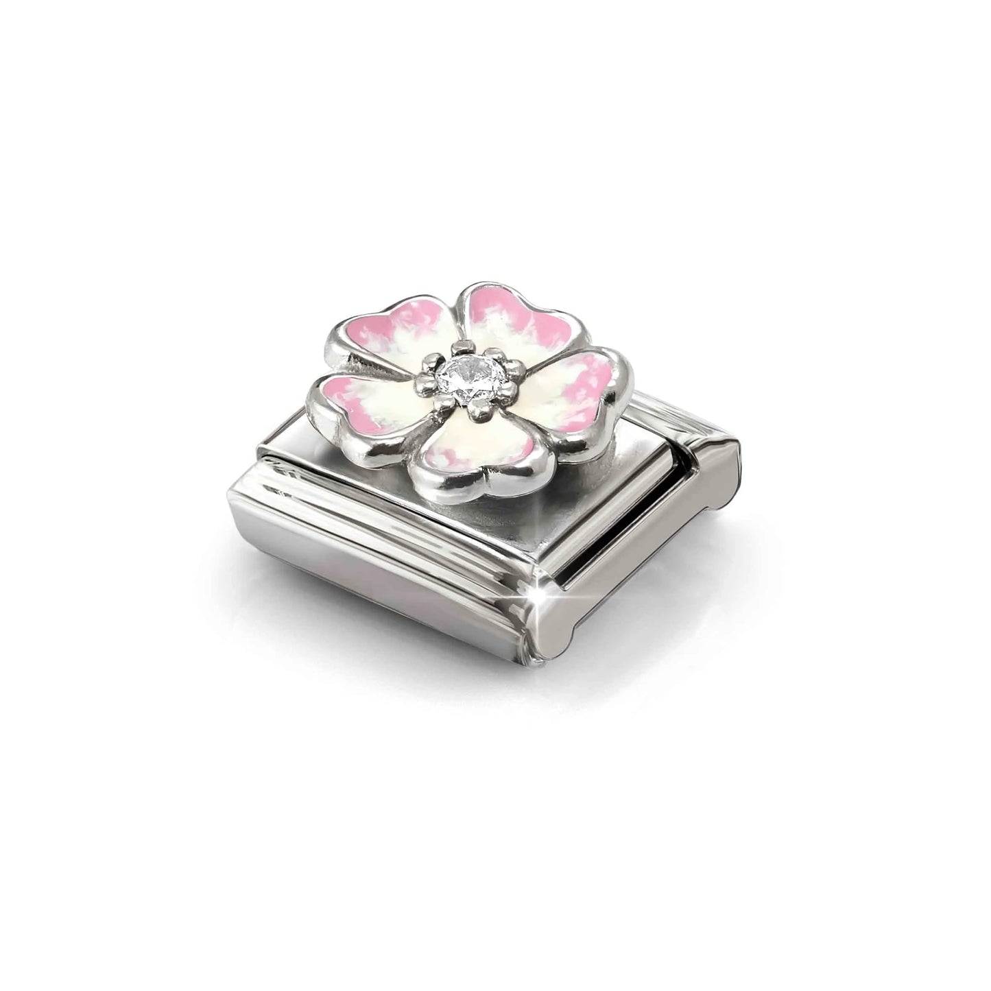 Pink Shaded Flower CZ Link | Silver & Enamel