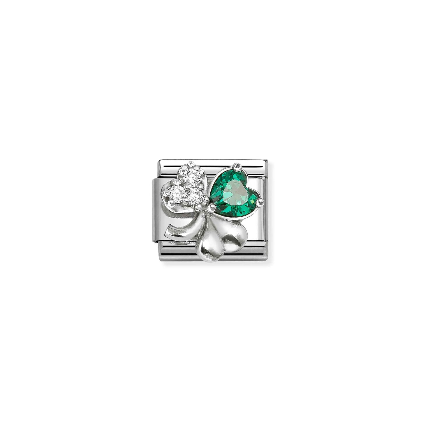 Nomination link with silver clover and green and white CZ stones