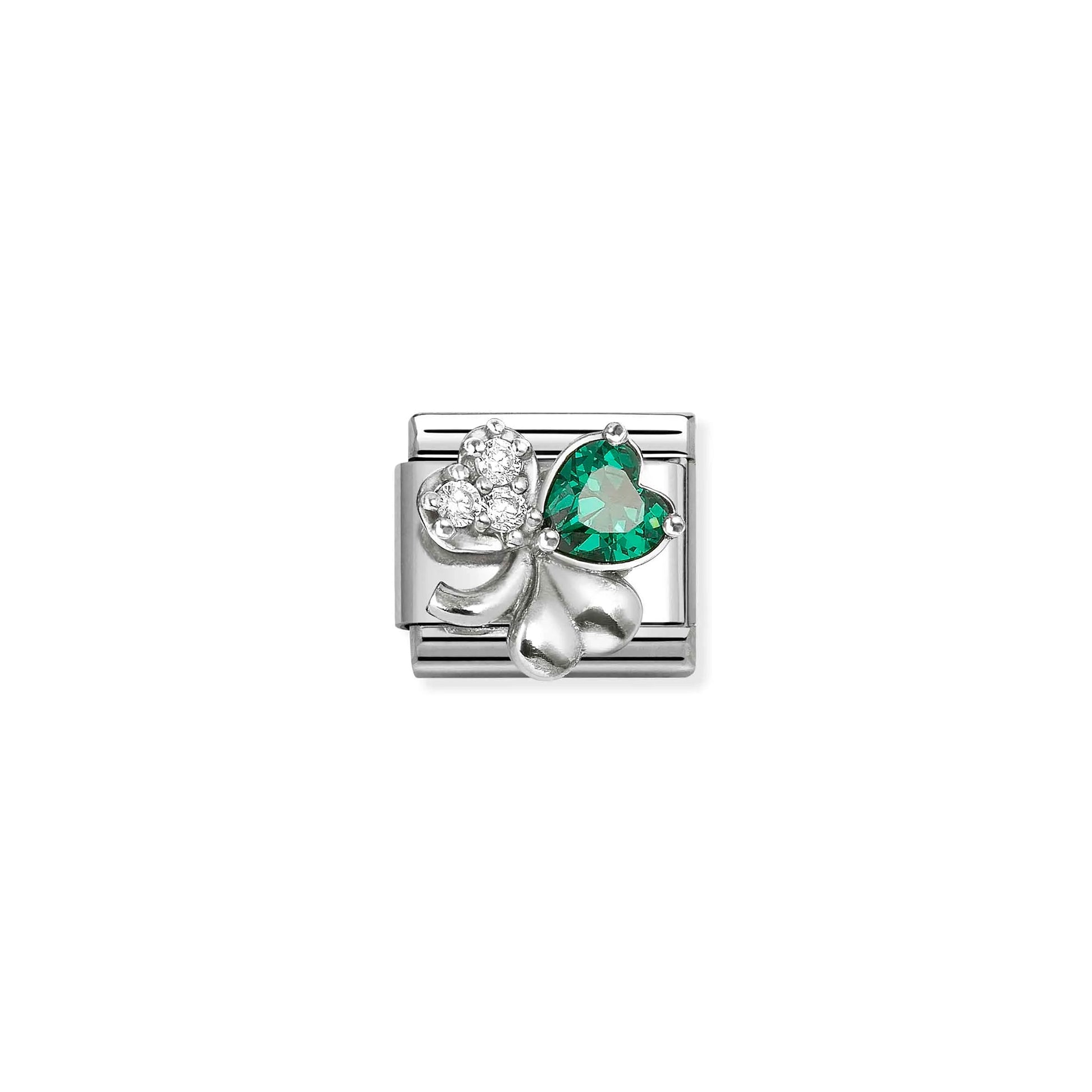 Nomination link with silver clover and green and white CZ stones