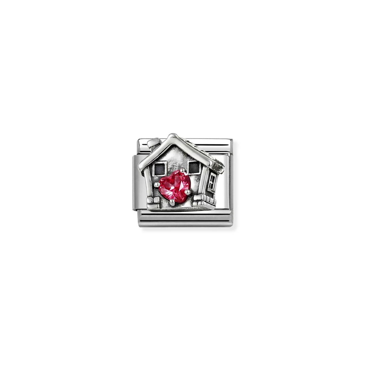 House with Red Heart Link | Silver & CZ