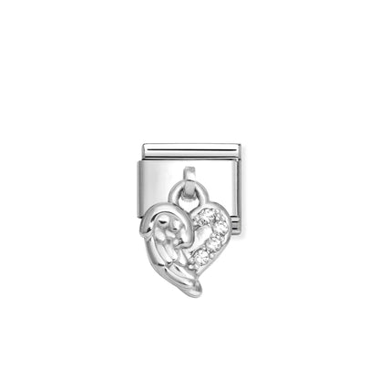 Nomination Italy silver pendant drop link shaped like a heart with a wing and CZ stones