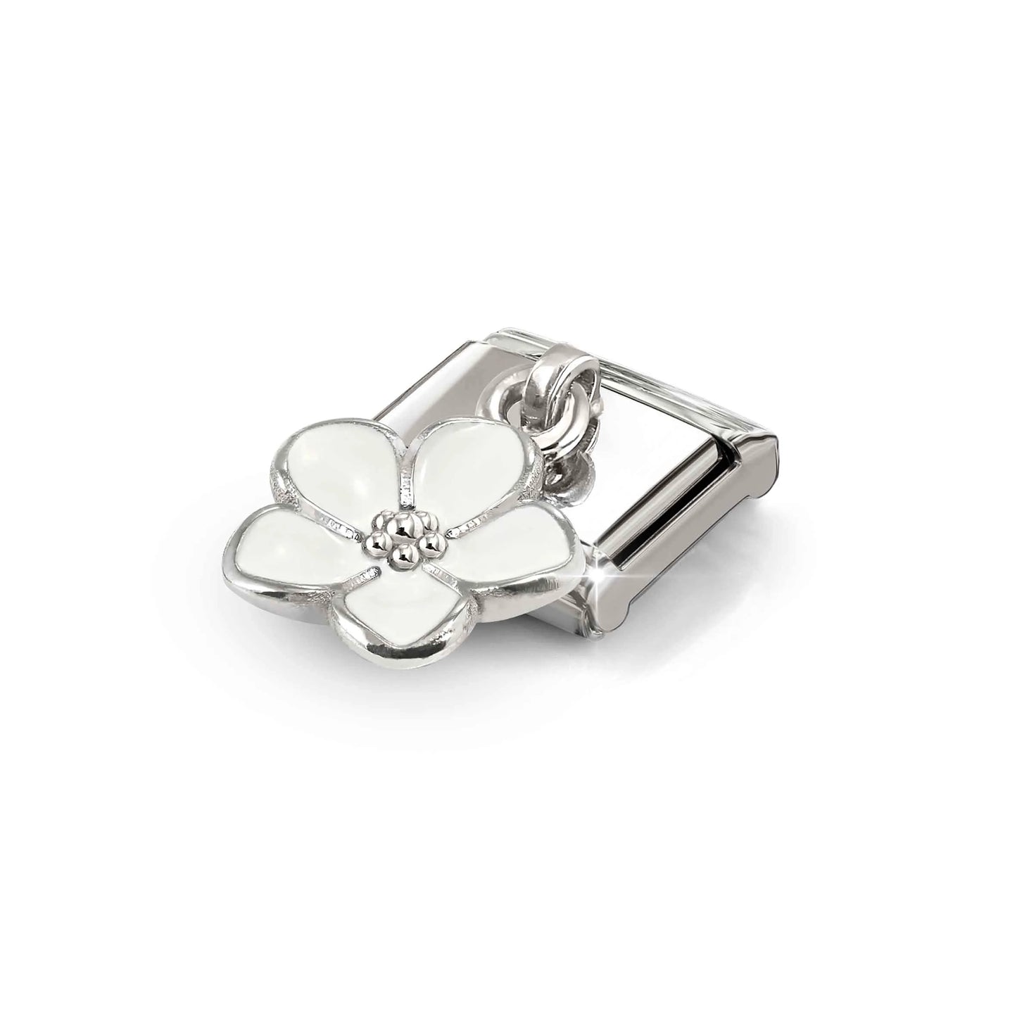 White Flower CZ Pendant Link | Silver & Enamel