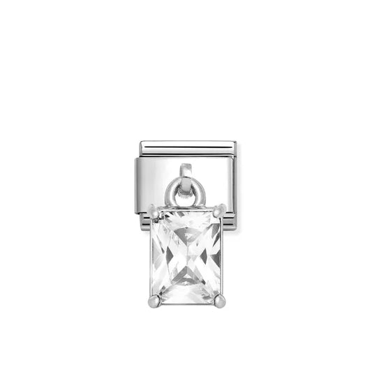 White Rectangle Drop Charm - Silver and CZ