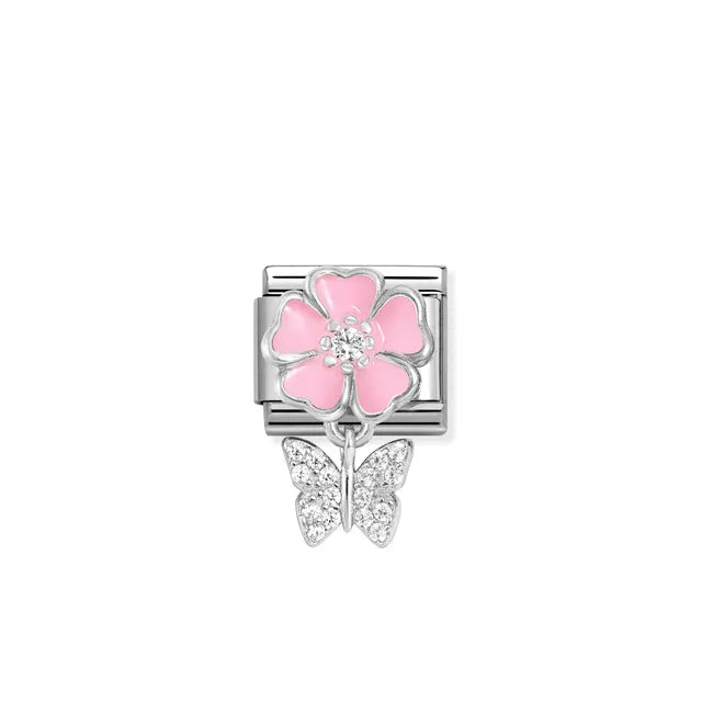 Pink Flower CZ Drop Butterfly - Silver & Enamel