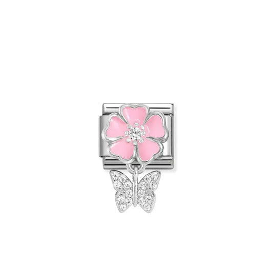 Pink Flower CZ Drop Butterfly - Silver & Enamel