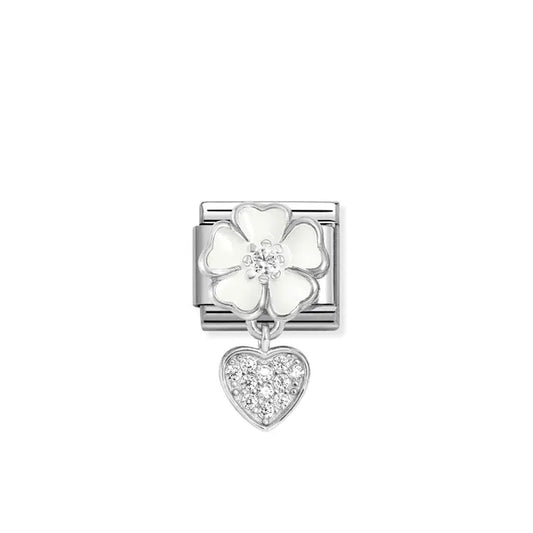 White Flower CZ Drop Heart - Silver & Enamel