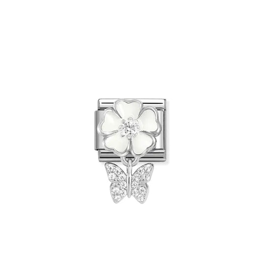 White Flower CZ Drop Butterfly - Silver & Enamel