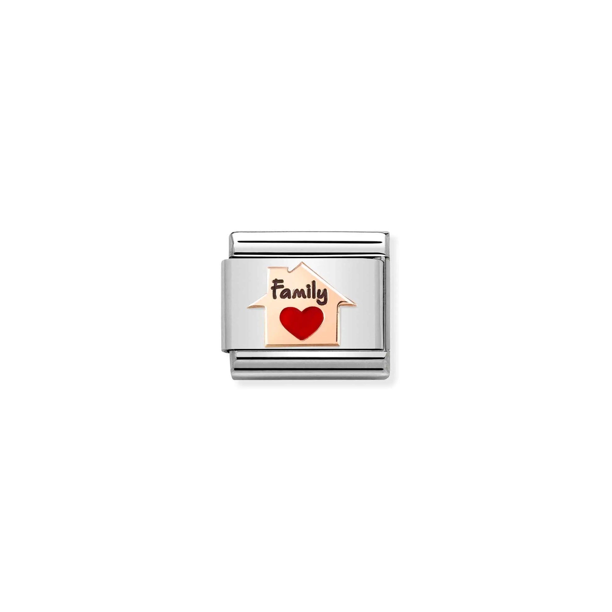 Nomination link with a rose gold house engraved with a red enamel heart and the word 'family'