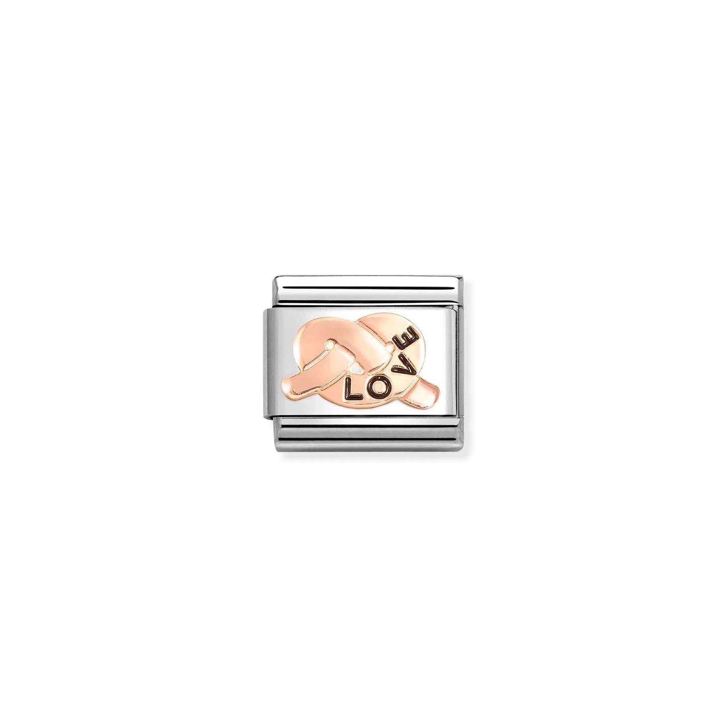Nomination link with rose gold promise knot engraved with the word 'love'