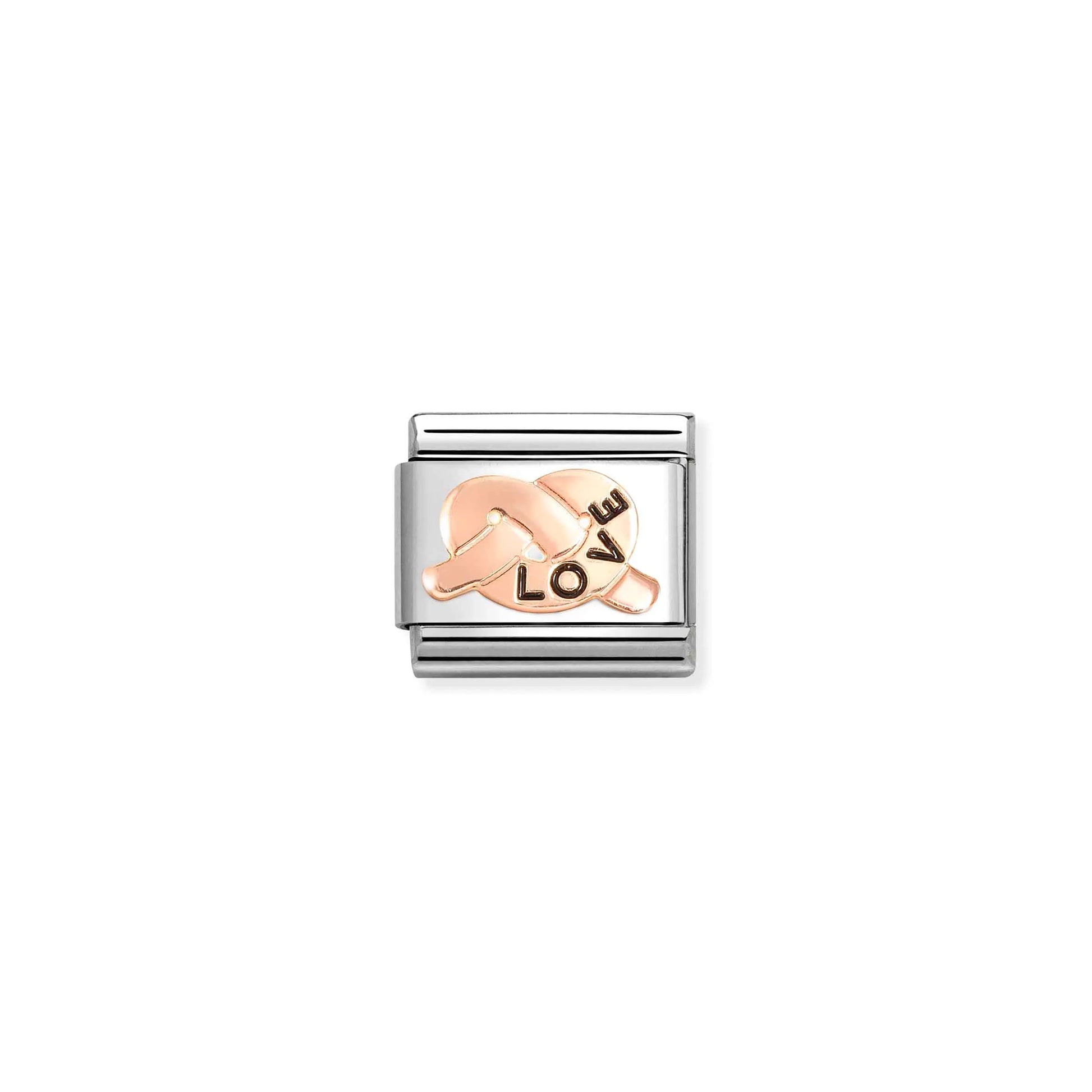 Nomination link with rose gold promise knot engraved with the word 'love'