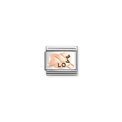 Nomination link with rose gold promise knot engraved with the word 'love'