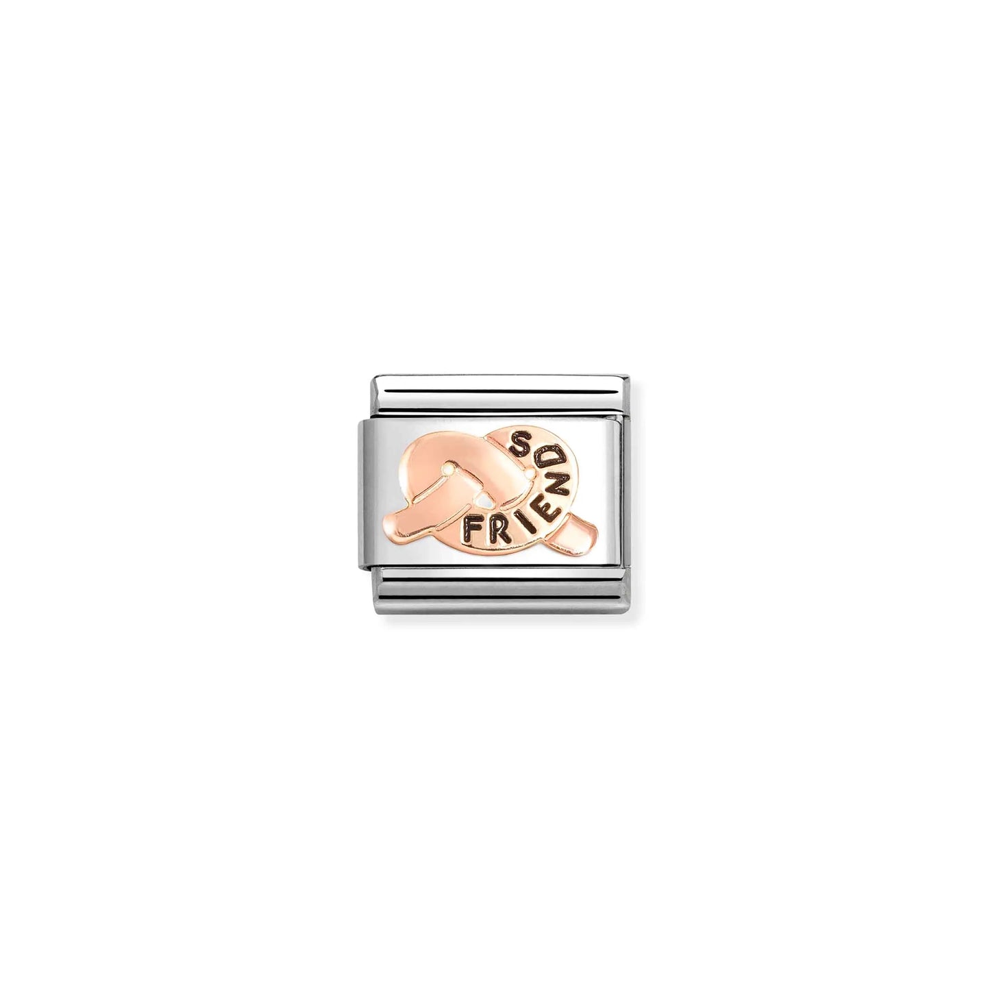 Nomination link with rose gold promise knot engraved with the word 'friends'