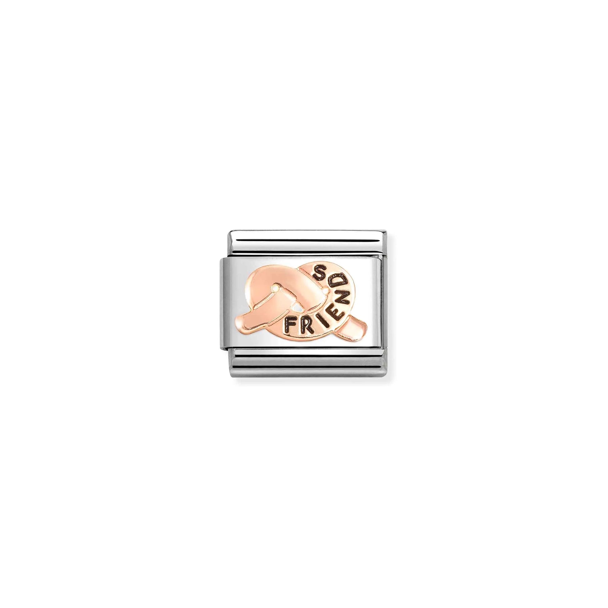 Nomination link with rose gold promise knot engraved with the word 'friends'