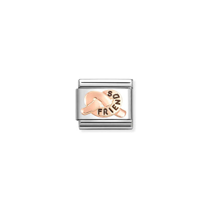 Nomination link with rose gold promise knot engraved with the word 'friends'