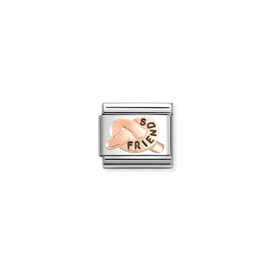 Nomination link with rose gold promise knot engraved with the word 'friends'