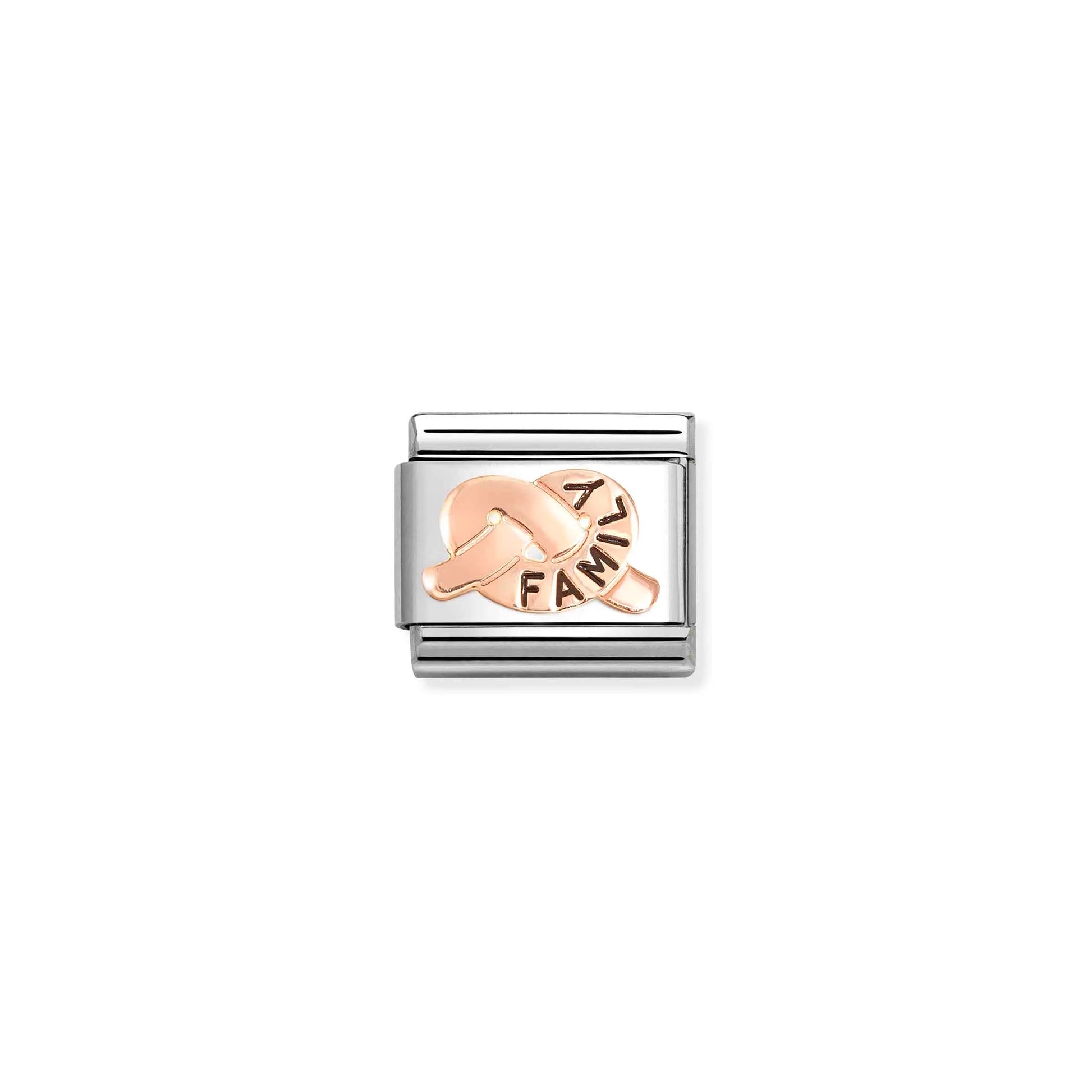 Nomination link with rose gold promise knot engraved with the word 'family'