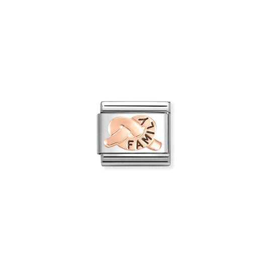 Nomination link with rose gold promise knot engraved with the word 'family'