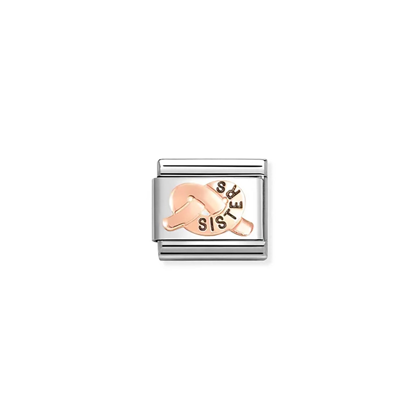 Nomination link with rose gold promise knot engraved with the word 'sister'