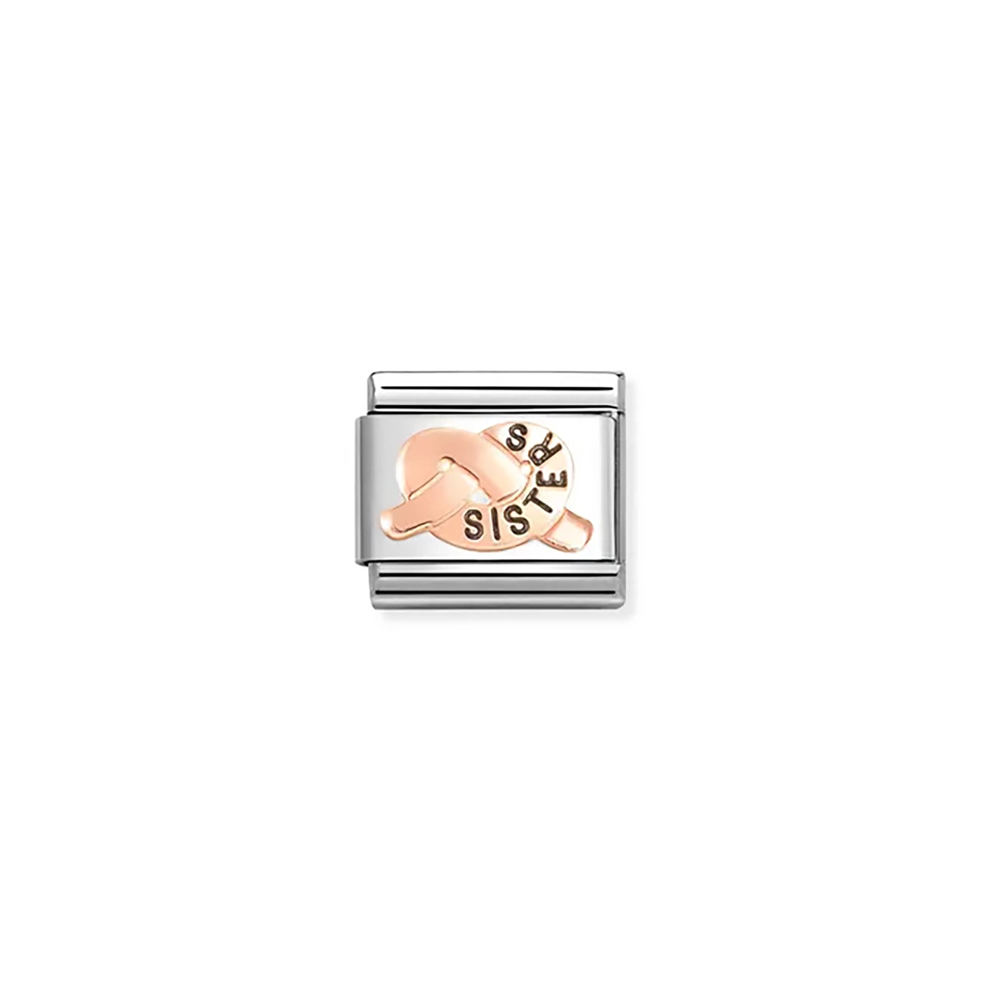 Nomination link with rose gold promise knot engraved with the word 'sister'