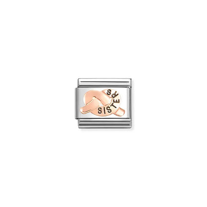 Nomination link with rose gold promise knot engraved with the word 'sister'