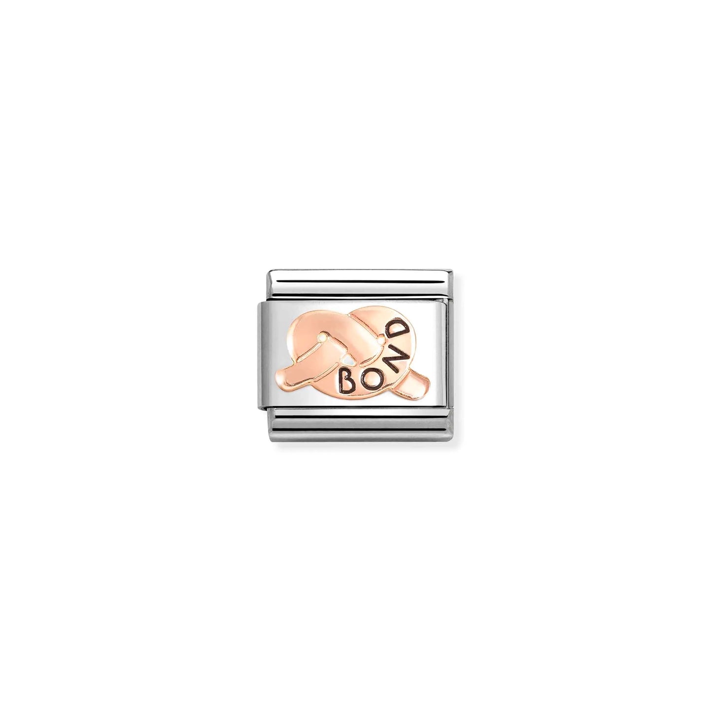 Nomination link with rose gold promise knot engraved with the word 'bond'