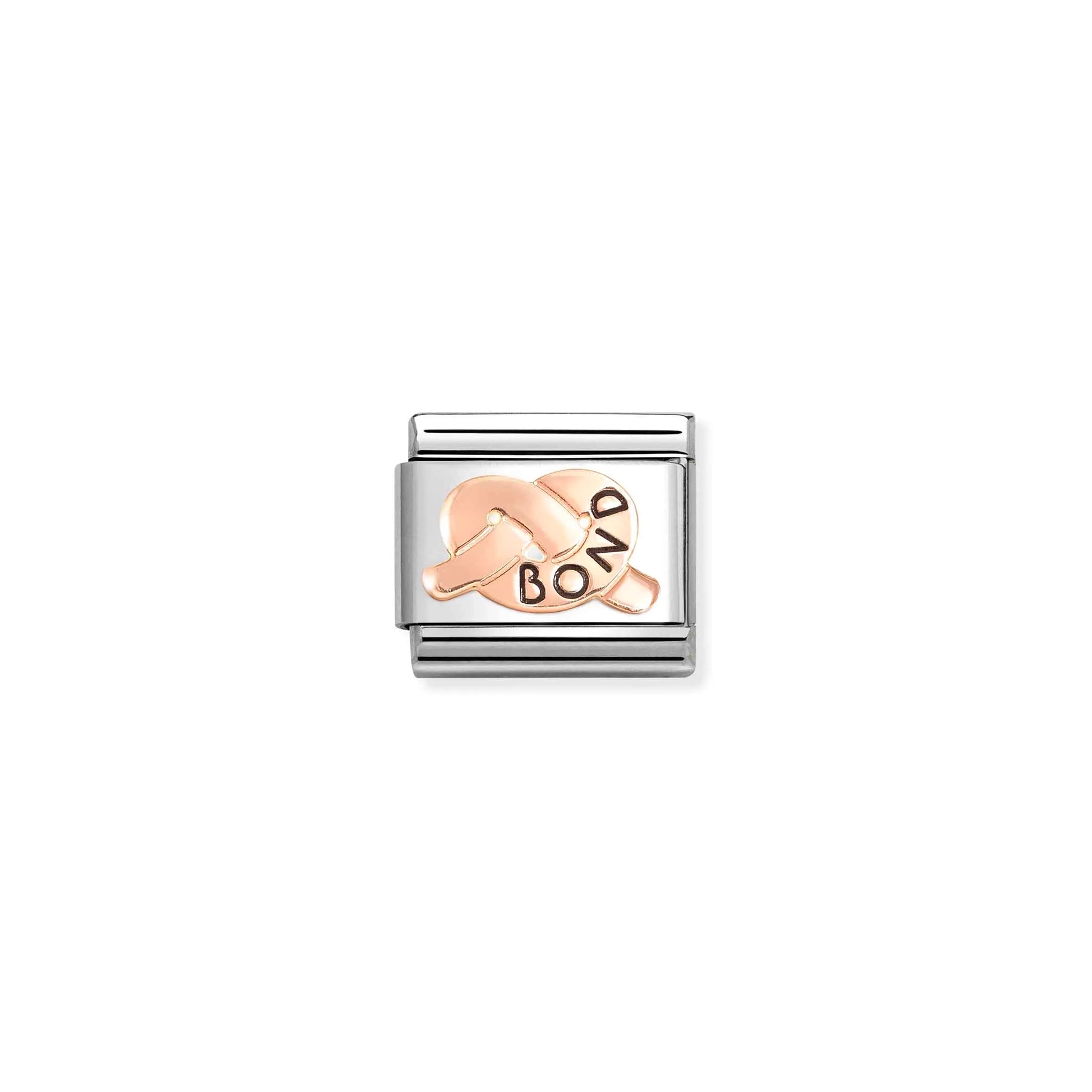 Nomination link with rose gold promise knot engraved with the word 'bond'