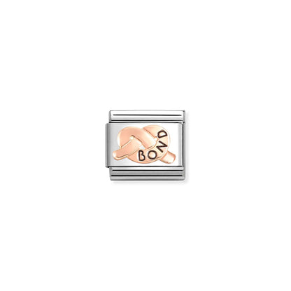 Nomination link with rose gold promise knot engraved with the word 'bond'