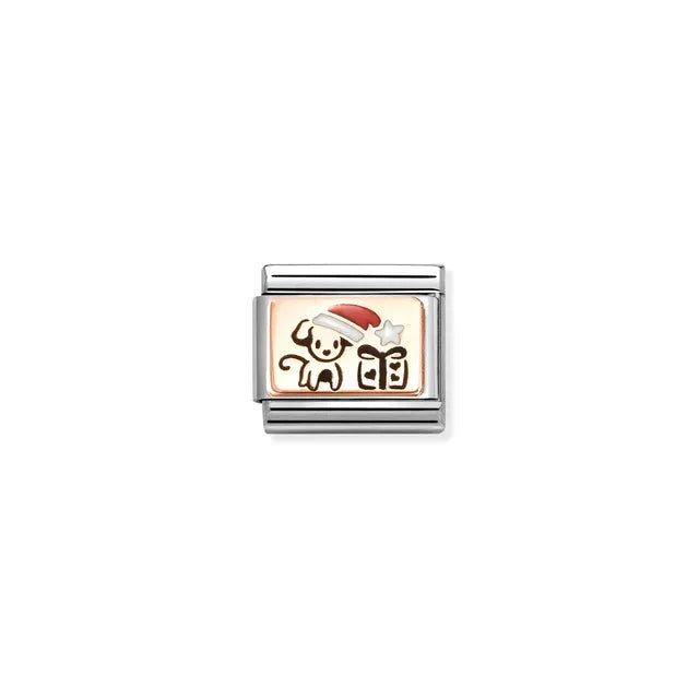 Puppy with Present Link | 9K Rose Gold & Enamel