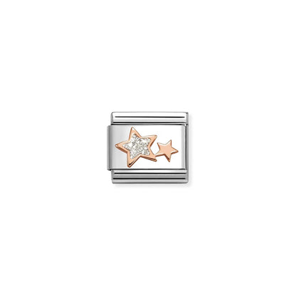 Glitter Silver Double Stars Link | 9K Rose Gold