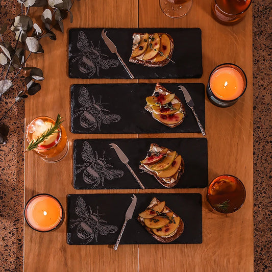 Set of 4 Slate Etched Cheese Board & Knife Set | Bee