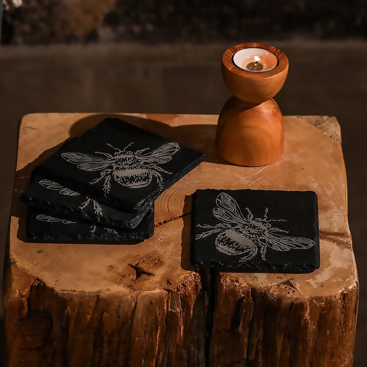 Set of 4 Slate Etched Coasters | Bee