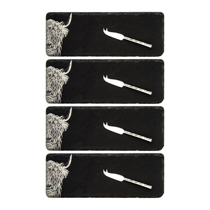 Set of 4 Slate Etched Cheese Board & Knife Set | Highland Cow