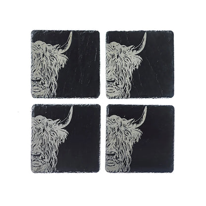 Set of 4 Slate Etched Coasters | Highland Cow