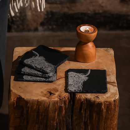 Set of 4 Slate Etched Coasters | Highland Cow