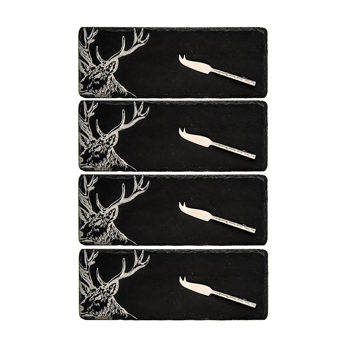 Set of 4 Slate Etched Cheese Board & Knife Set | Stag