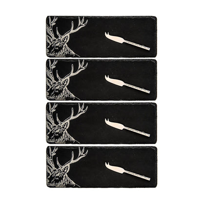 Set of 4 Slate Etched Cheese Board & Knife Set | Stag