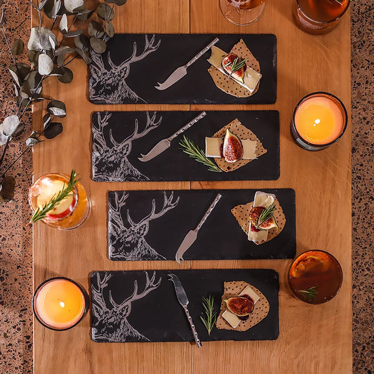 Set of 4 Slate Etched Cheese Board & Knife Set | Stag