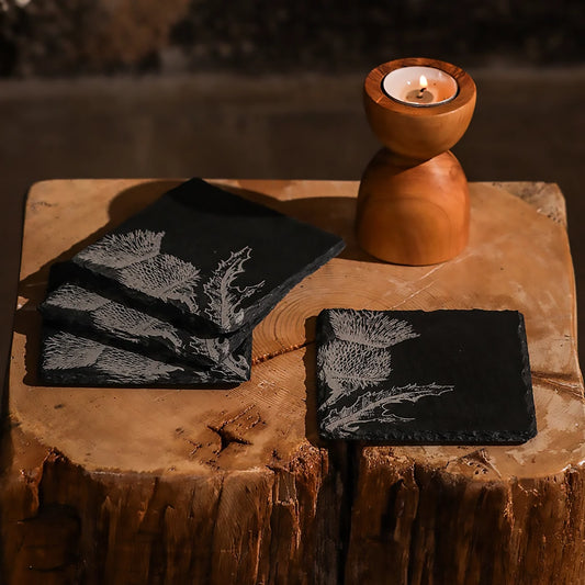 Set of 4 Slate Etched Coasters | Thistle